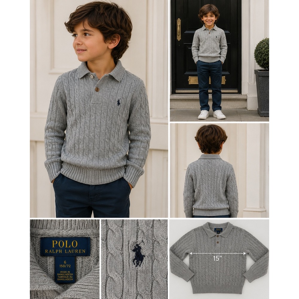 Polo Ralph Lauren Kids Grey Cable Knit Polo Sweater Size M 10-12